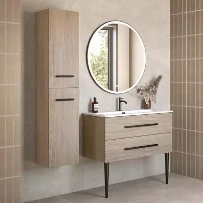 Ensemble BENTO 100cm meuble 2 tiroirs + plan-vasque c�ramique - M�lamin� d�cor bois au choix - DECOTEC