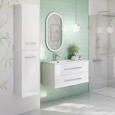 Ensemble BENTO 100cm meuble 2 tiroirs + plan-vasque c�ramique d�centr�e (droite ou gauche) - Laque au choix - DECOTEC