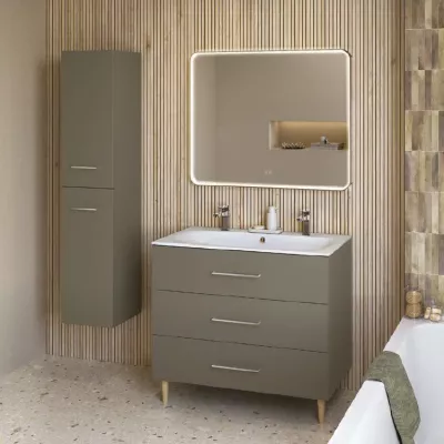 Ensemble BENTO 101cm meuble 3 tiroirs + plan simple vasque per�� 2 robinets - D�cor bois ou Laque & Poign�e au choix - DECOTEC