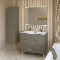 Ensemble BENTO 101cm meuble 3 tiroirs + plan simple vasque per&ccedil;&eacute; 2 robinets - D&eacute;cor bois ou Laque & Poign&eacute;e au choix - DECOTEC