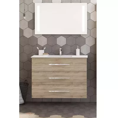 Ensemble BENTO 101cm meuble 3 tiroirs + plan-vasque c�ramique - M�lamin� d�cor bois & Poign�e au choix - DECOTEC