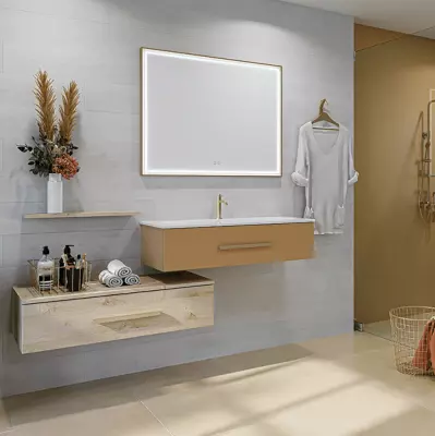 Ensemble BENTO 120/200cm meuble 1 tiroir + module 1 tiroir + plan-vasque c�ramique - M�lamin� bois & Laque - DECOTEC