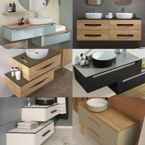 Ensemble BENTO 120cm meuble 2 tiroirs / Plan placage chêne + vasque à poser / Poignée prise de main - Laque au choix - DECOTEC