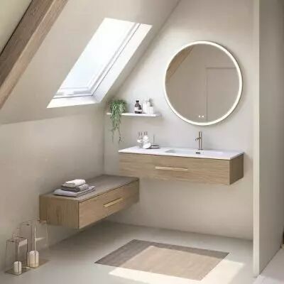 Ensemble BENTO 121cm meuble 1 tiroir +  module 1 tiroir + plan-vasque c�ramique d�centr� - M�lamin� bois ou Laque & Poign�e au c