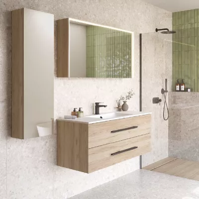 Ensemble BENTO 121cm meuble 2 tiroirs + plan-vasque c�ramique (per�� 1 ou 2 trous) - M�lamin� bois & Poign�e au choix - DECOTEC