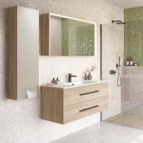 Ensemble BENTO 121cm meuble 2 tiroirs + plan-vasque c&eacute;ramique (per&ccedil;&eacute; 1 ou 2 trous) - M&eacute;lamin&eacute; bois & Poign&eacute;e au choix - DECOTEC