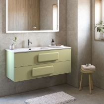 Ensemble BENTO 121cm meuble 2 tiroirs + plan-vasque céramique décentré (droite ou gauche) - Laque & Poignée au choix - DECOTEC