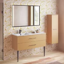 Ensemble BENTO 121cm meuble 2 tiroirs + plan-vasque c&eacute;ramique d&eacute;centr&eacute; (droite ou gauche) - Laque & Poign&eacute;e au choix - DECOTEC