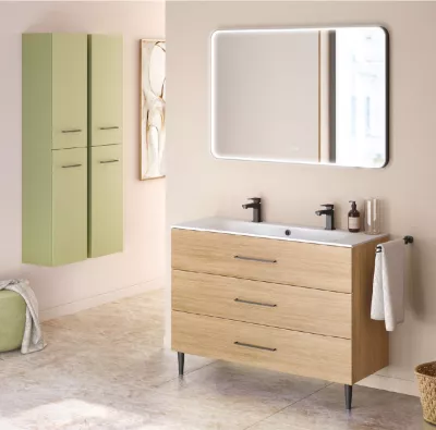 Ensemble BENTO 121cm meuble 3 tiroirs + plan simple vasque per�� 2 robinets - D�cor bois ou Laque & Poign�e au choix - DECOTEC