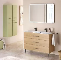 Ensemble BENTO 121cm meuble 3 tiroirs + plan simple vasque per&ccedil;&eacute; 2 robinets - D&eacute;cor bois ou Laque & Poign&eacute;e au choix - DECOTEC