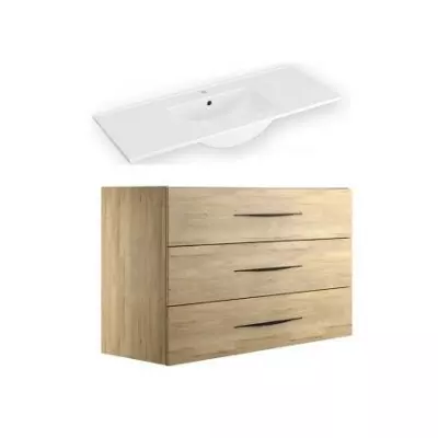 Ensemble BENTO 121cm meuble 3 tiroirs + plan-vasque c�ramique (per�� 1 ou 2 trous) - M�lamin� bois & Poign�e au choix - DECOTEC