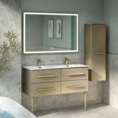 Ensemble BENTO 121cm meuble 4 tiroirs + plan double vasque c�ramique - Laque & Poign�e au choix - DECOTEC