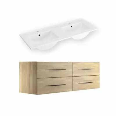 Ensemble BENTO 121cm meuble 4 tiroirs + plan-vasque c�ramique - M�lamin� bois & Poign�e au choix - DECOTEC