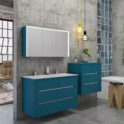 Ensemble BENTO 121cm meuble 6 tiroirs + plan double vasque c�ramique - Laque & Poign�e au choix - DECOTEC