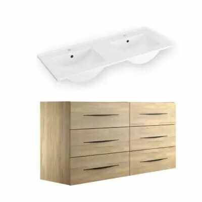 Ensemble BENTO 121cm meuble 6 tiroirs + plan double vasque c�ramique - M�lamin� bois & Poign�e au choix - DECOTEC