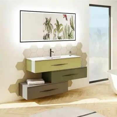Ensemble BENTO 140cm meuble 3 tiroirs + plan-vasque c�ramique - Laque au choix - DECOTEC