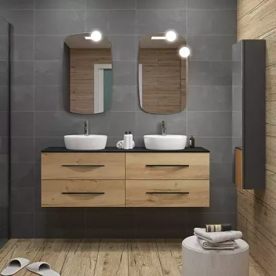 Ensemble BENTO 150cm meuble 4 tiroirs / Poign�es & plan noir mat + vasques � poser - Laqu� ou M�lamin� d�cor bois - DECOTEC