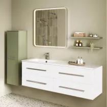 Ensemble BENTO 151cm meuble 4 tiroirs + plan simple vasque 1 robinet Solidsurface - M&eacute;lamin&eacute; bois ou Laque - DECOTEC