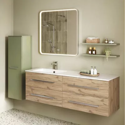 Ensemble BENTO 151cm meuble 4 tiroirs + plan simple vasque Solidsurface (� droite ou � gauche) - M�lamin� d�cor bois ou Laque & 