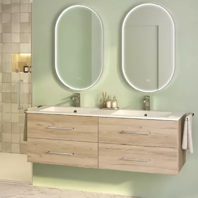 Ensemble BENTO 151cm meuble 4 tiroirs + plan-vasque C�ramyl� - M�lamin� d�cor bois & Poign�e au choix - DECOTEC