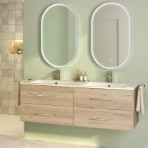 Ensemble BENTO 151cm meuble 4 tiroirs + plan-vasque C&eacute;ramyl&reg; - M&eacute;lamin&eacute; d&eacute;cor bois & Poign&eacute;e au choix - DECOTEC
