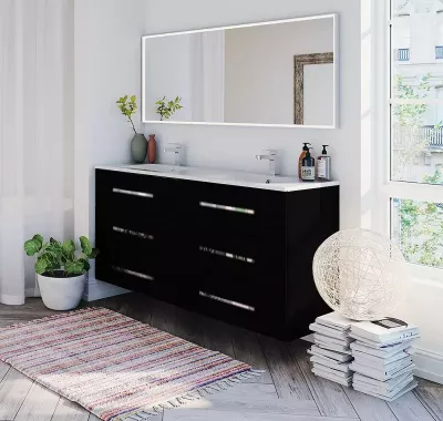 Ensemble BENTO 151cm meuble 6 tiroirs + plan double vasque C�ramyl� - Laque & Poign�e au choix - DECOTEC