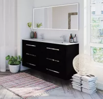 Ensemble BENTO 151cm meuble 6 tiroirs + plan double vasque C&eacute;ramyl&reg; - Laque & Poign&eacute;e au choix - DECOTEC