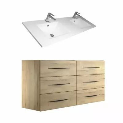 Ensemble BENTO 151cm meuble 6 tiroirs + plan-vasque C�ramyl� - M�lamin� d�cor bois & Poign�e au choix - DECOTEC
