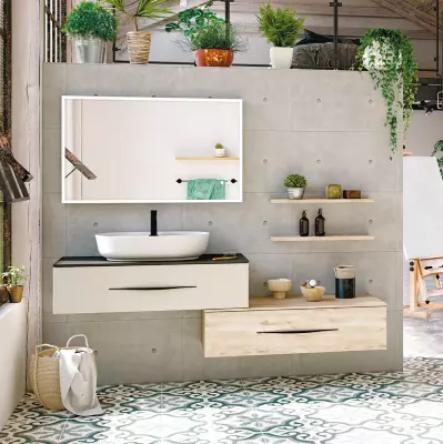 Ensemble BENTO 180cm meuble 1 tiroir 100cm + module 1 tiroir 100cm / Plan + vasque - Laque & d�cor bois au choix - DECOTEC