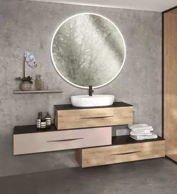Ensemble BENTO 200cm meuble sous-vasque 1 tiroir + 2 modules 1 tiroir + vasque � poser c�ramique - M�lamin� bois & Laque - 
