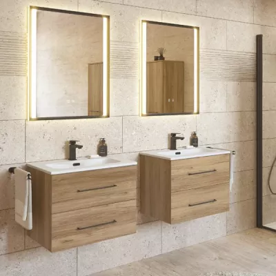 Ensemble BENTO 61cm meuble 2 tiroirs + plan vasque - D�cor bois ou Laque & Poign�e au choix - DECOTEC