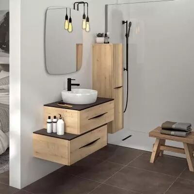 Ensemble BENTO 80/100cm meuble sous-vasque 1 tiroir + 1 module + vasque � poser - Laqu� ou M�lamin� d�cor bois - DECOTEC