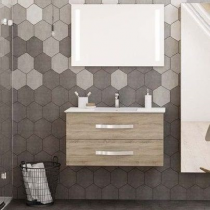 Ensemble BENTO 81cm meuble 2 tiroirs + plan-vasque céramique - Mélaminé décor bois & Poignée au choix - DECOTEC