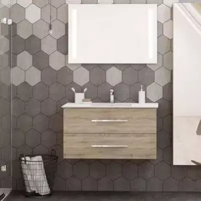 Ensemble BENTO 81cm meuble 2 tiroirs + plan-vasque c�ramique - M�lamin� d�cor bois & Poign�e au choix - DECOTEC