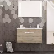 Ensemble BENTO 81cm meuble 2 tiroirs + plan-vasque c&eacute;ramique - M&eacute;lamin&eacute; d&eacute;cor bois & Poign&eacute;e au choix - DECOTEC