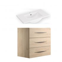 Ensemble BENTO 81cm meuble 3 tiroirs + plan-vasque céramique - Mélaminé décor bois & Poignée au choix - DECOTEC