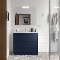 Ensemble COMPLET ATTILA 101cm Bleu satiné meuble 3 tiroirs + vasque + miroir + Led - SALGAR Réf. 105222