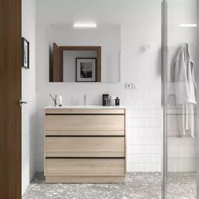 Ensemble COMPLET ATTILA 101cm Ch�ne naturel meuble 3 tiroirs + vasque + miroir + Led - SALGAR R�f. 105225