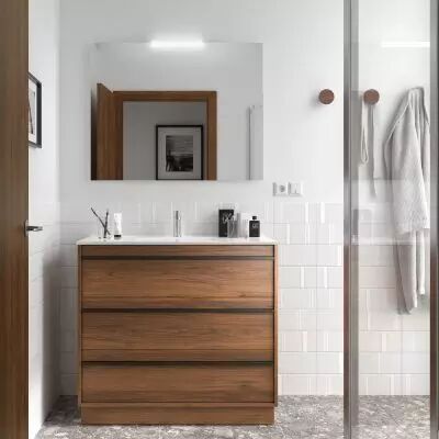 Ensemble COMPLET ATTILA 101cm Noyer Maya meuble 3 tiroirs + vasque + miroir + Led - SALGAR R�f. 105227