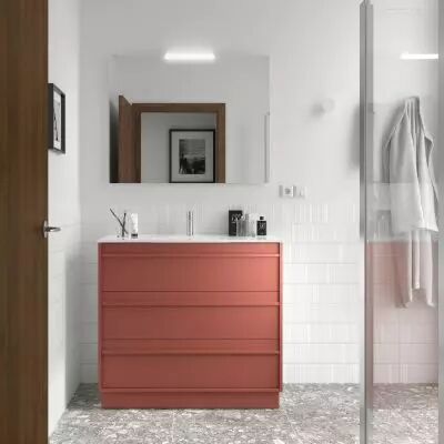 Ensemble COMPLET ATTILA 101cm Rouge satin� meuble 3 tiroirs + vasque + miroir + Led - SALGAR R�f. 105224