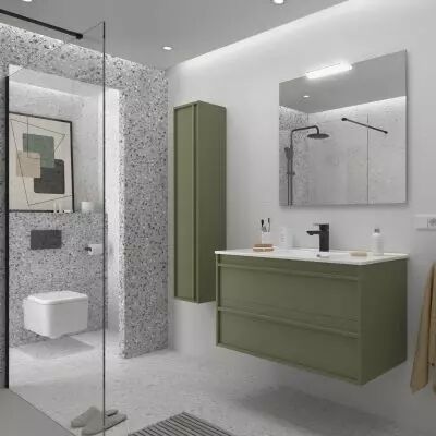 Ensemble COMPLET ATTILA 101cm Vert satin� meuble 2 tiroirs + vasque + miroir + Led - SALGAR R�f. 104917