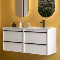 Ensemble COMPLET ATTILA 121cm Blanc satin&eacute; meuble 4 tiroirs + vasque avec plan &agrave; gauche + miroir + Led - SALGAR R&eacute;f. 119841