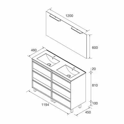 Ensemble COMPLET ATTILA 121cm Blanc satin� meuble 6 tiroirs + vasque + miroir + Led - SALGAR R�f. 105229