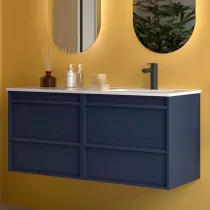 Ensemble COMPLET ATTILA 121cm Bleu satin&eacute; meuble 4 tiroirs + vasque avec plan &agrave; gauche + miroir + Led- SALGAR R&eacute;f. 119843