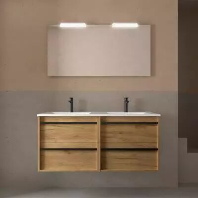 Ensemble COMPLET ATTILA 121cm Ch�ne africain meuble 4 tiroirs + vasque + miroir + Led - SALGAR R�f. 104928