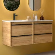 Ensemble COMPLET ATTILA 121cm Ch&ecirc;ne africain meuble 4 tiroirs + vasque avec plan &agrave; droite + miroir + Led - SALGAR R&eacute;f. 119838