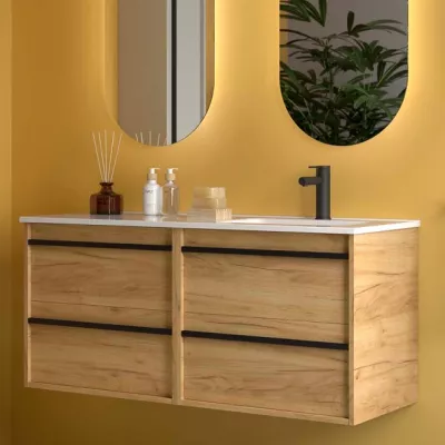 Ensemble COMPLET ATTILA 121cm Ch�ne africain meuble 4 tiroirs + vasque avec plan � gauche + miroir + Led - SALGAR R�f. 119847