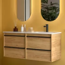 Ensemble COMPLET ATTILA 121cm Ch&ecirc;ne africain meuble 4 tiroirs + vasque avec plan &agrave; gauche + miroir + Led - SALGAR R&eacute;f. 119847