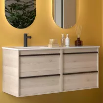 Ensemble COMPLET ATTILA 121cm Ch&ecirc;ne naturel meuble 4 tiroirs + vasque avec plan &agrave; droite + miroir + Led - SALGAR R&eacute;f. 119837