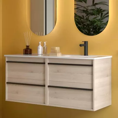 Ensemble COMPLET ATTILA 121cm Ch�ne naturel meuble 4 tiroirs + vasque avec plan � gauche + miroir + Led - SALGAR R�f. 119846